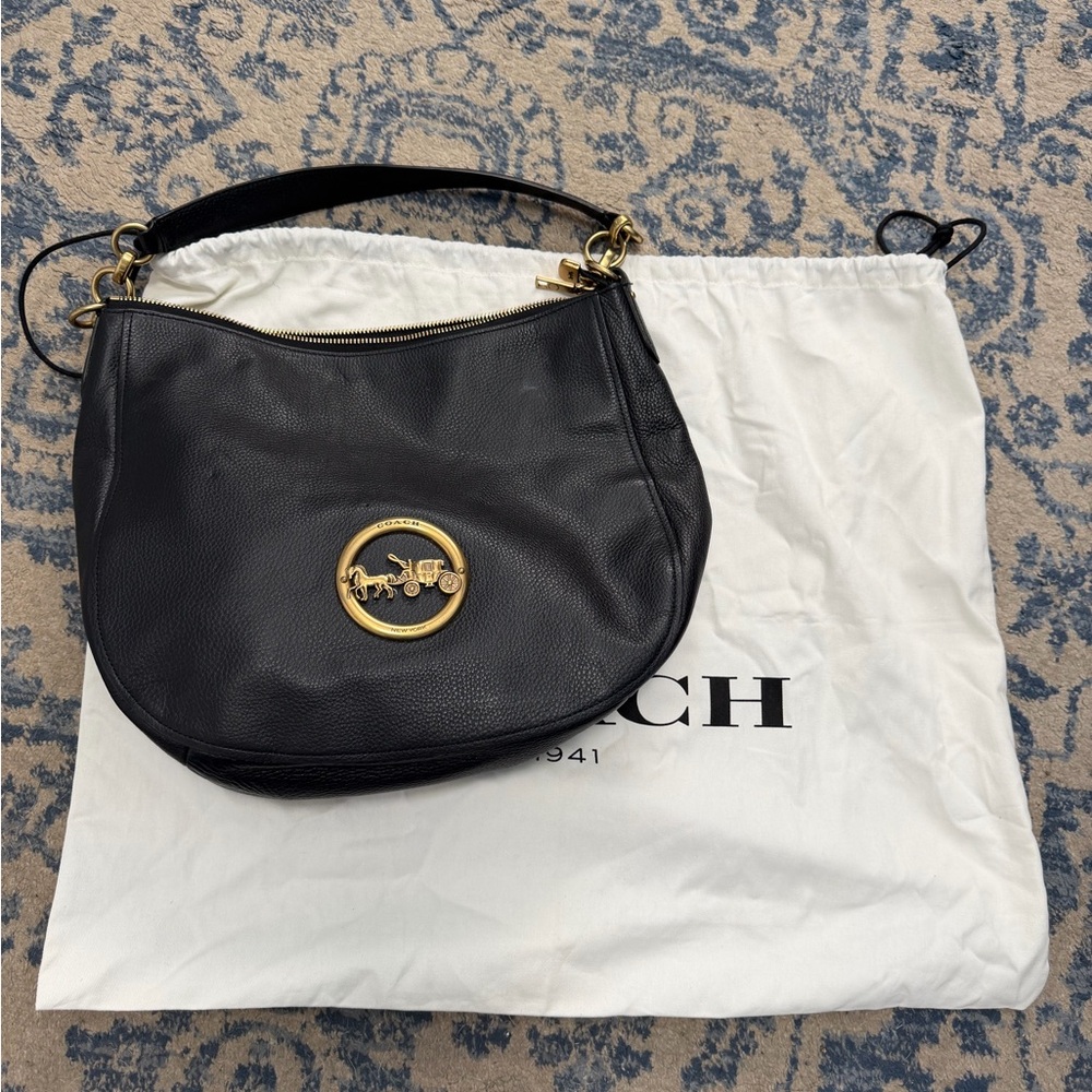 Coach Black Pebble Leather Hobo Shoulder Bag with Gold Coach Emblem